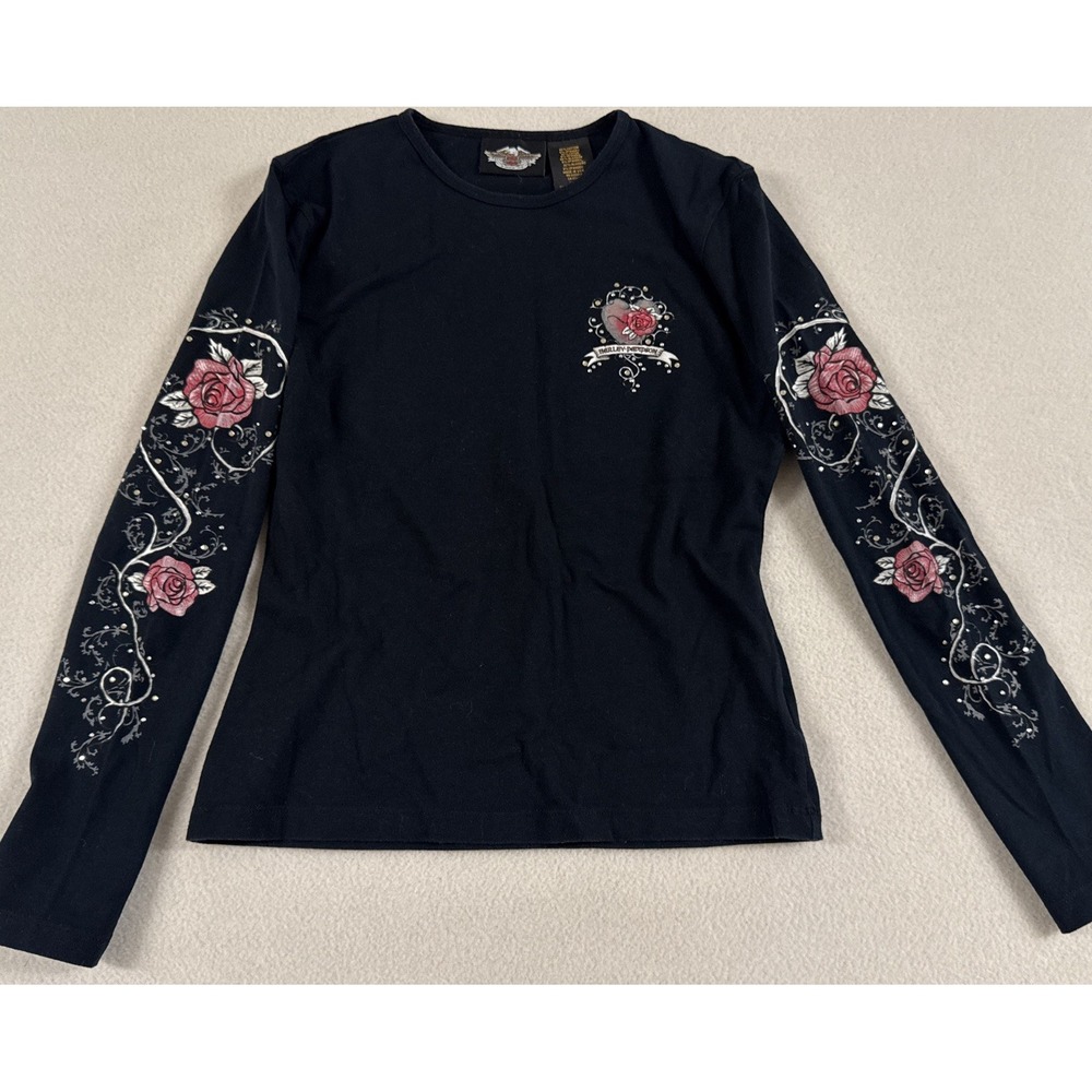Harley‎ Davidson Womens Top Rose & Thorn Rhinestones Bling Tee Shirt Long Sleeve